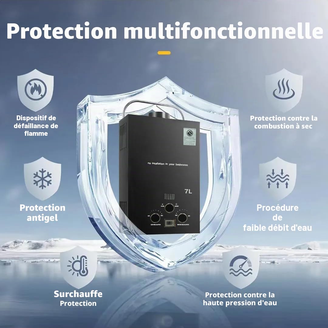 Chauffe-eau à Gaz 8LPM,Instantané 8LPM 16kW LPG GPL au Butane Propane avec Modes Hiver et Eté, CE Certifié,avec une Pression d'Eau de Départ Très Faible,pour la Maison,la Caravane,les Cabines (7L)
