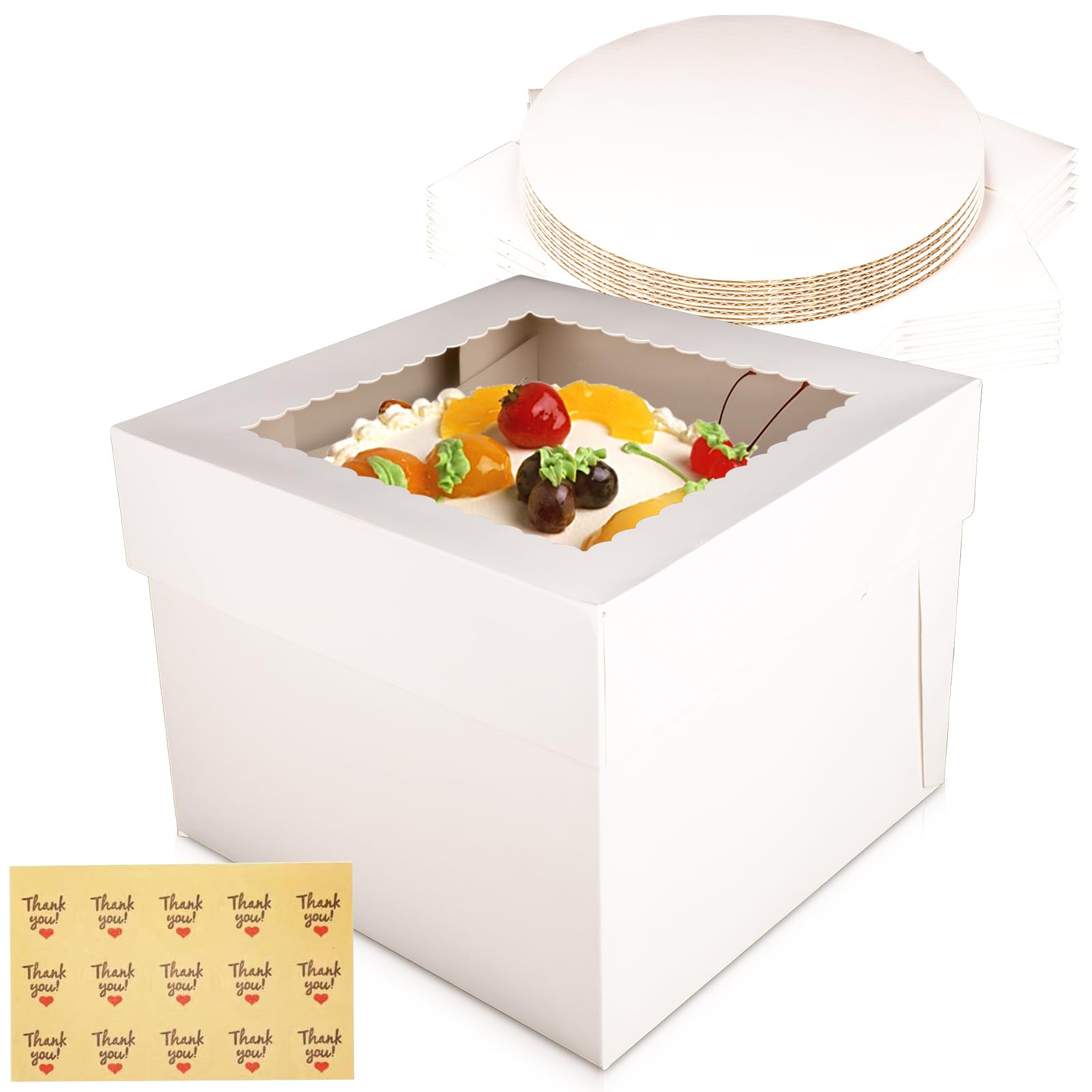 DOSYEN Cake Boxes with Cake Boards 10Pcs(5 Boxes & 5 Boards) 10x10x8 Inches White Bakery Box with Window for Cakes, Tall Square Cardboard Cake Box for Cupcakes Pies Cookies Wedding Party Birthday