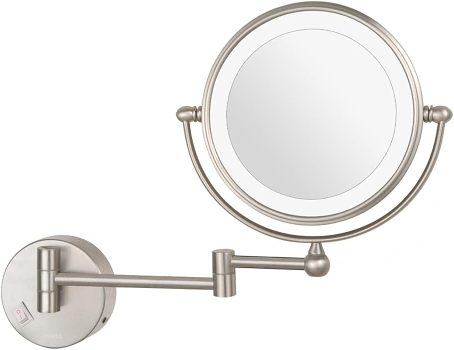 8 inch Illuminated Makeup Mirror, Double Sided Magnification Mirror with LED Light, Bathroom Extendable Wall-mounted Vanity Shaving Mirror with Switch Plug,Nickel,5X