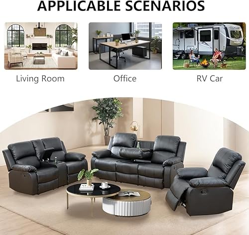 Miniatura 5 de Conjunto de sofá para sala de Estar, sillón reclinable de cuero transpirable, sofá de 3 plazas para cine en casa con portavasos para apartamento,