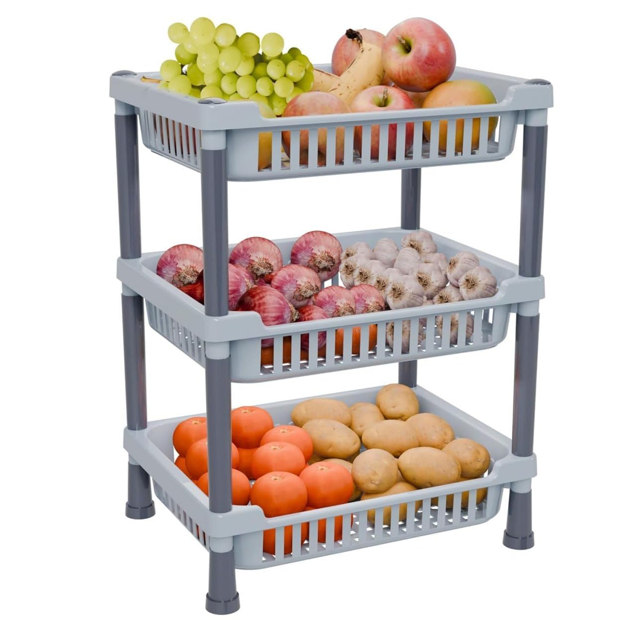 Patel Brothers Enterprise 3 Layer Kitchen Rack Stand for Storage, Multipurpose Plastic Vegetable & Fruit Organizer Shelf, Space Saving Storage Rack for Kitchen, Bathroom & Pantry (Grey)-image-15