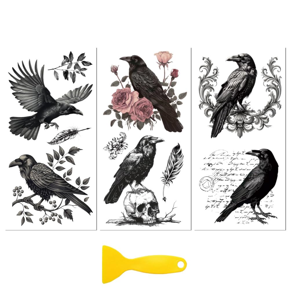 Peacoblue Rub on Transfer Decal Sticker for Furniture Craft Decor 6"x12" Vintage Crow, 3Pcs Waterproof UV DTF Transfer for Drawer Dresser Glass Porcelain Wood Plastic