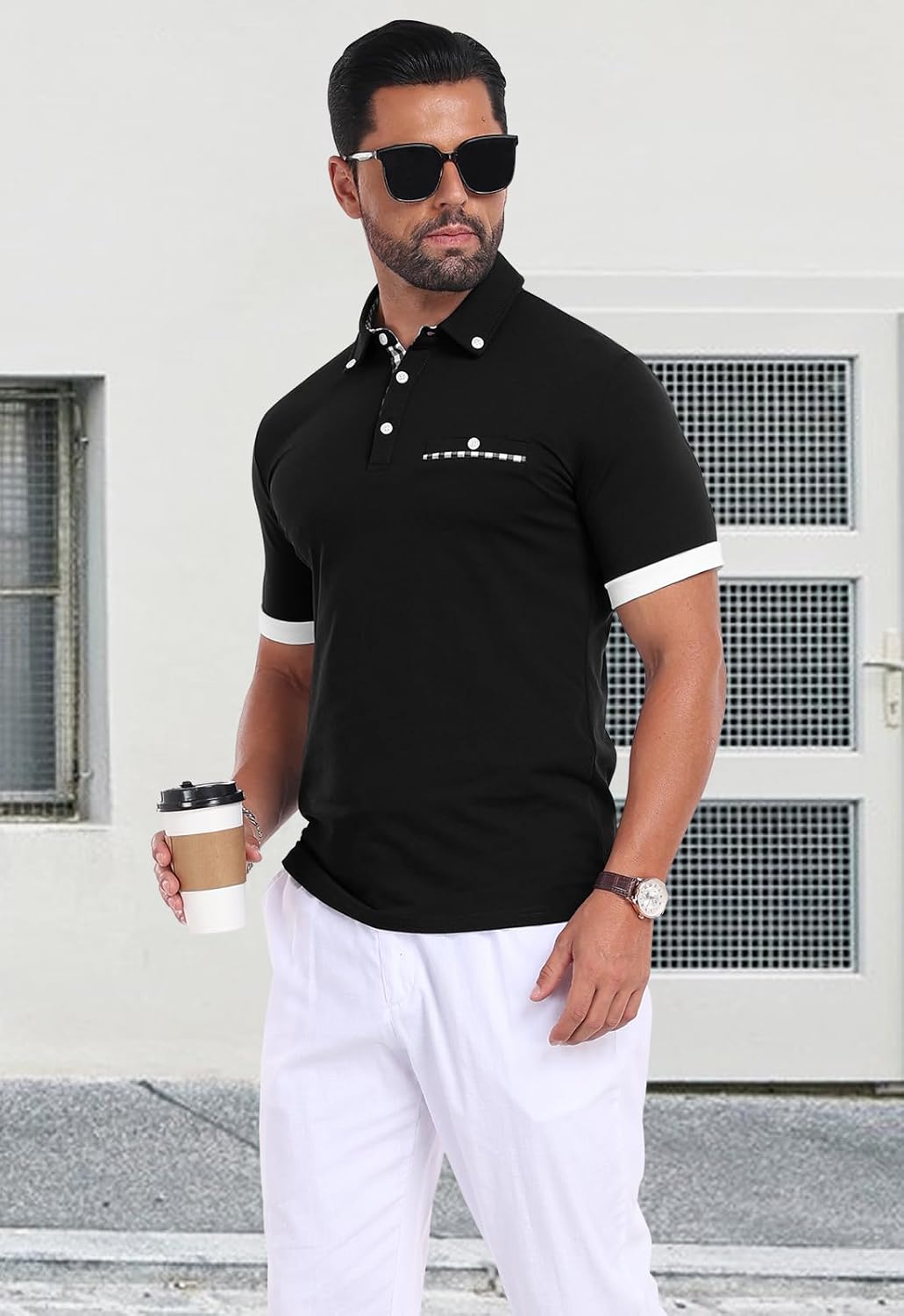 Mens Casual Short Sleeve Summer Polos Plaid Splice Fashion Button Cotton T-Shirt Golf Tennis Tops - Image 3