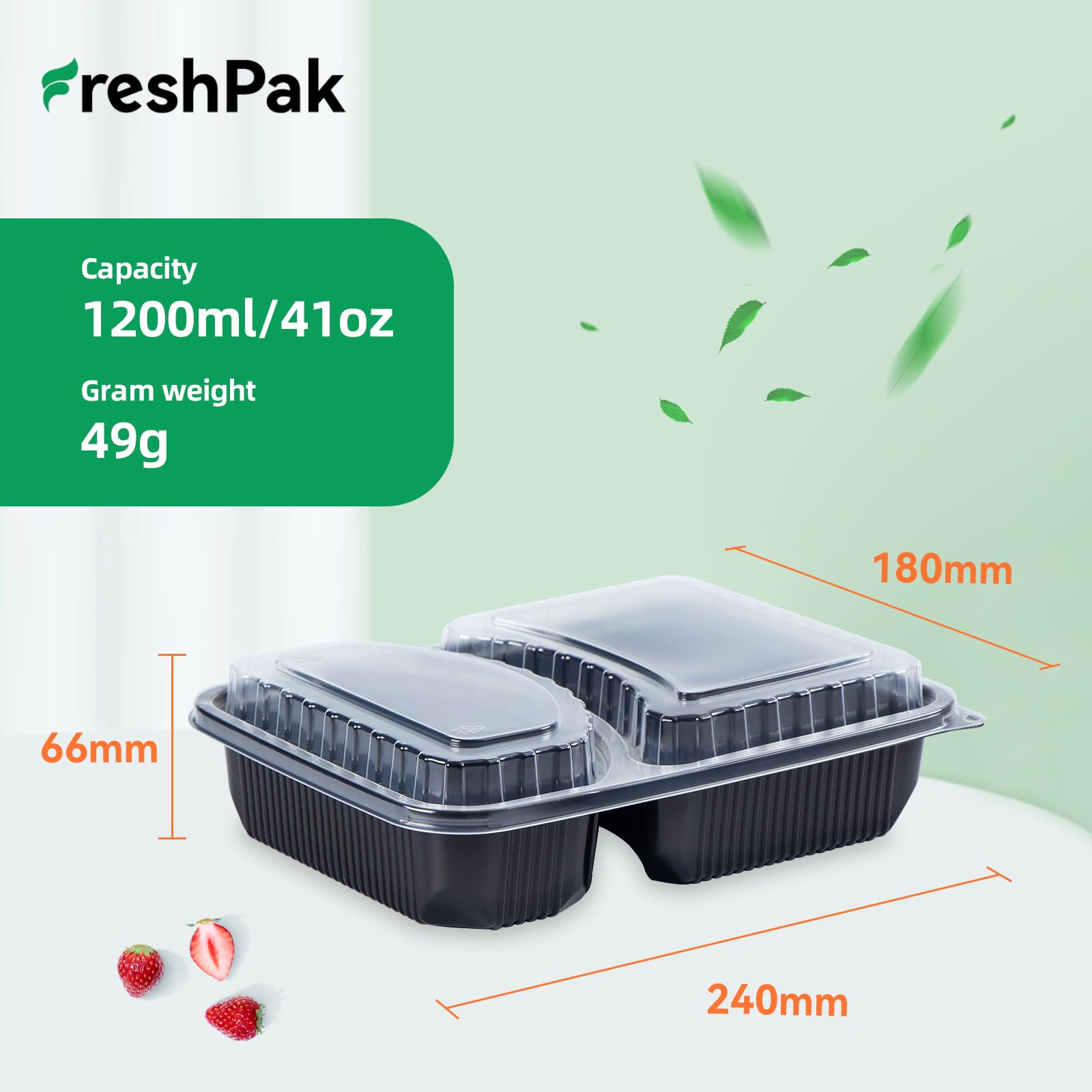 FRESHPAK Contenedor de preparación de comidas, 2 compartimentos, paquete de 40 contenedores con tapas, reutilizables, sin BPA, aptos para microondas y congelador, ideal para control de porciones y