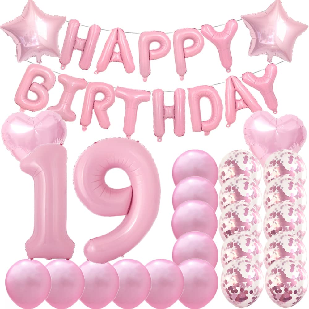 ZSNWGZ Sweet 19th Birthday Decorations Party Supplies,Pink Number 19 Balloons,19th Foil Mylar Balloons Latex Balloon Decoration,Great 19th Birthday