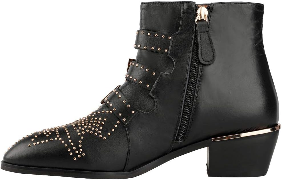 Arqa Women's Studded Ankle Boots Leather Multiple Buckle Chunky Heel Booties Almond Toe Zipper Punk Boot - Image 2