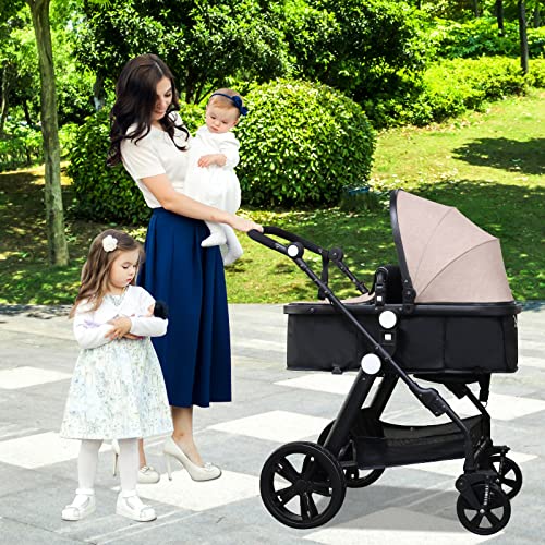 Kinderwagen 3 in 1, Combi Wandelwagen/Kinderwagen/0 tot 36 Maanden Baby/Tas/Mesh (kaki) - Afbeelding 3