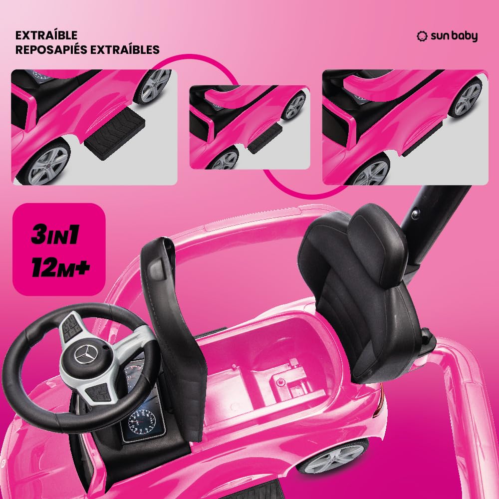 sun baby Coche de Empuje Mercedes C-Class, Coche para Niños a Partir de 1 año, Respaldo Alto, Volante con Audio, reposapiés Extensibles, Compartimento portaobjetos (Rosa)