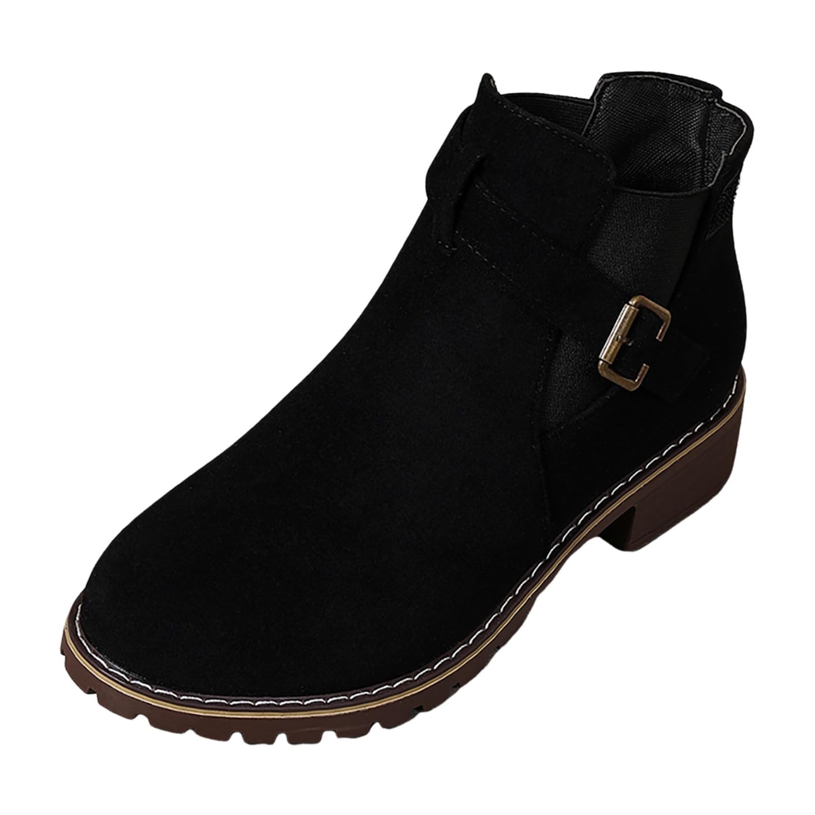 Womens Suede Ankle Boots Low Heel Platform Short Booties Casual Slip On Shoes Round Toe Lug Sole Fall