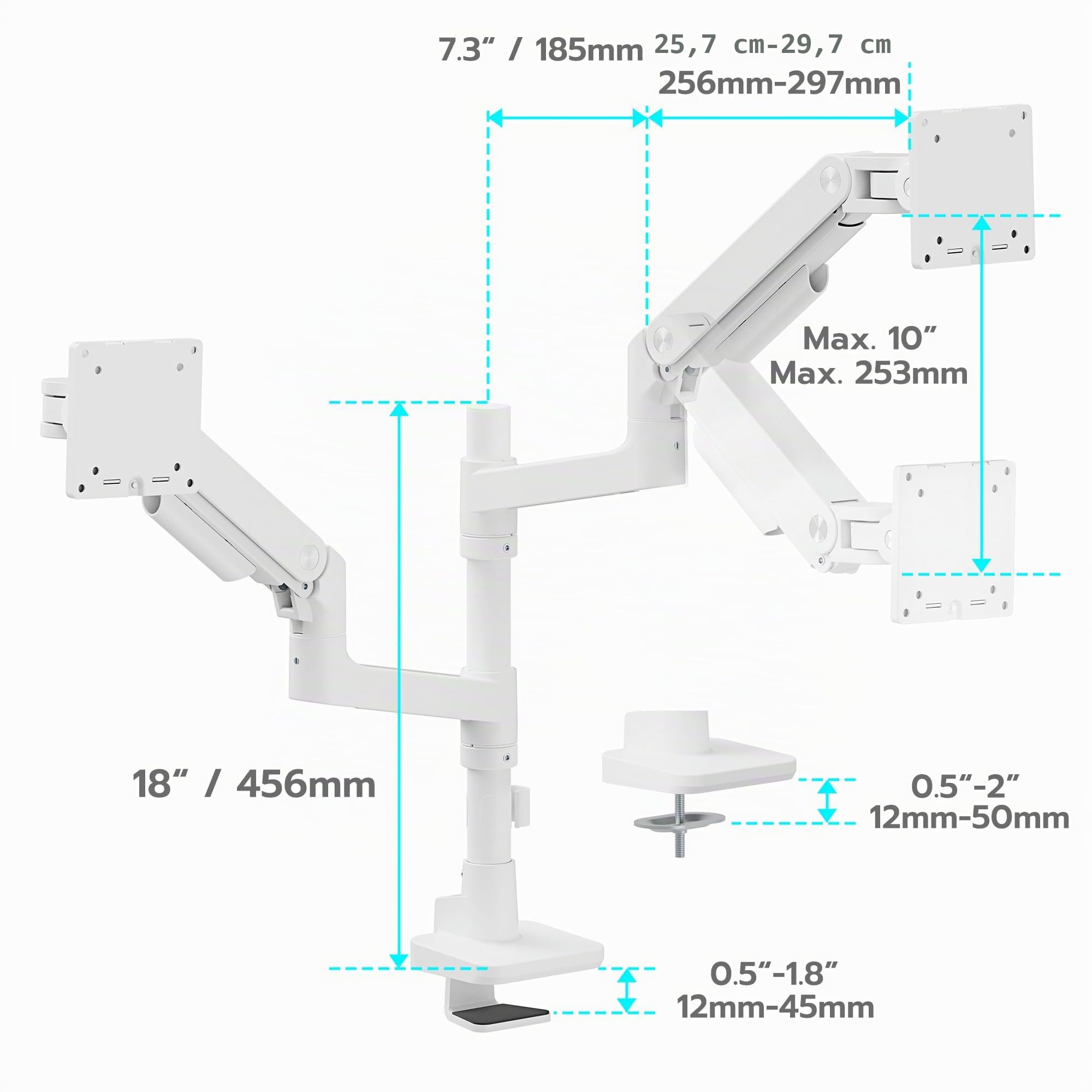 ARES WING Support Ecran PC 2 Écran, Bras pour Écran pour écrans Plats et incurvés de 17-49", Support de Moniteur à Ressort à Gaz, Charge maximale de 20 kg/Bras, VESA 75/100 mm, Blanc
