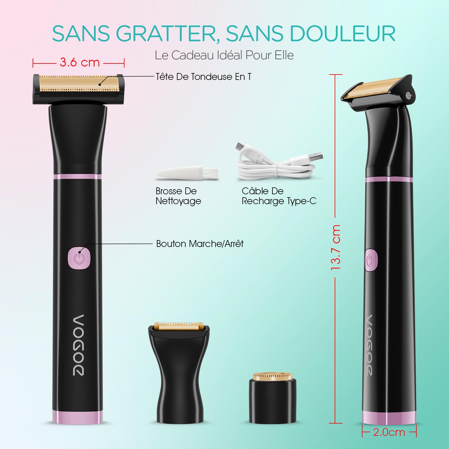 VOGOE Rasoir Electrique Femme, Tondeuse Femme 3-en-1, Tondeuse Femme Intime Sans Fil, Compacte et Étanche pour Corps, Visage et Zone Bikini, Noir ES210