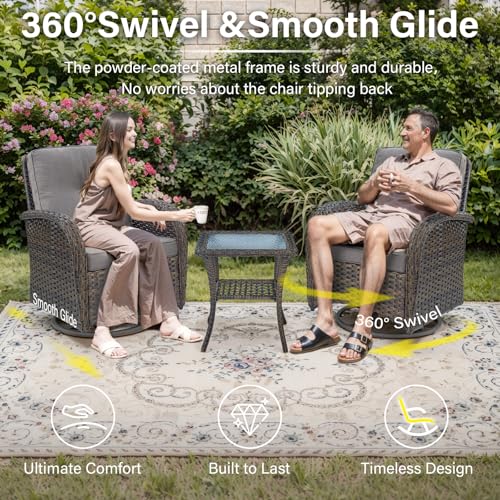 Belord Patio Wicker Chairs Swivel Rocker - Outdoor Swivel Rocking Chairs Set of 2 with Rattan Side Table, Patio Swivel Glider Chair 3 Piece Patio Furniture Sets for Patio Porch Pool Brown/Grey