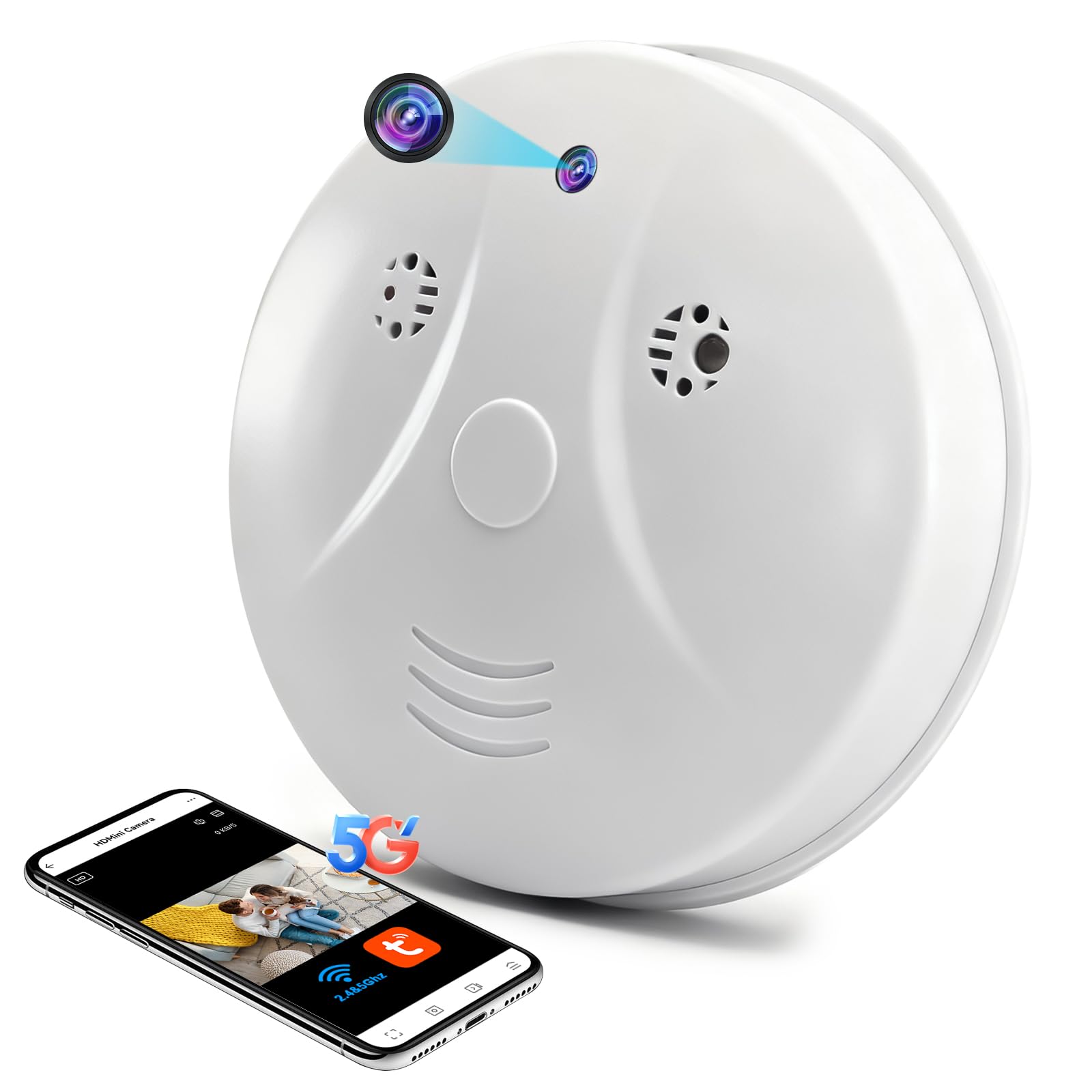 Telecamera Nascosta Wi-Fi a 2,4 e 5 GHz, Telecamera Nascosta Rilevatore di Fumo, Mini Telecamera Nascosta WiFi, Telecamera Spia Nascosta HD 1080P con Rilevamento del Movimento e Visione Notturna