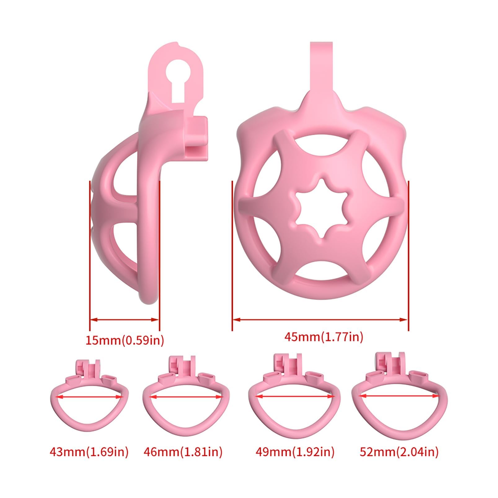 Jaula de castidad transpirable Starlight para hombres con 4 anillos para el pene. Diseño de ángulo amplio. Jaula para el pene. Juguetes sexuales invertidos (Pink)
