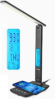 Blaupunkt Lámpara LED de Sobremesa con Cargador Inalámbrico - Puerto de Carga USB - Lámpara de Mesa Regulable con 5 Modos de Color - Brazo Ajustable - Oficina - Luz de Lectura - Pantalla LCD - Negro