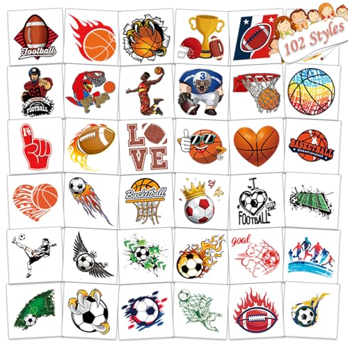 102 PCS Individually Wrapped Sports Temporary Tattoo for kids - Soccer Basketball Baseball Football Temporary for Girls Boy Body Arm Shoulder Cute Tattoos Stickers Supplies Gifts for Kids