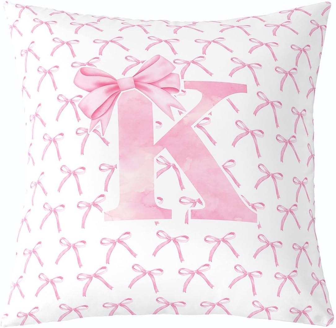 Cartoon Bowknot Kids Throw Pillow Cover,Pink Bow Tie Letter K Knot Princess Double Sides Pillow Case Girls Women,Watercolor Bow Patchwork Pink White Bed Couch Sofa Cushion Cover,Single Pack 16"x16"