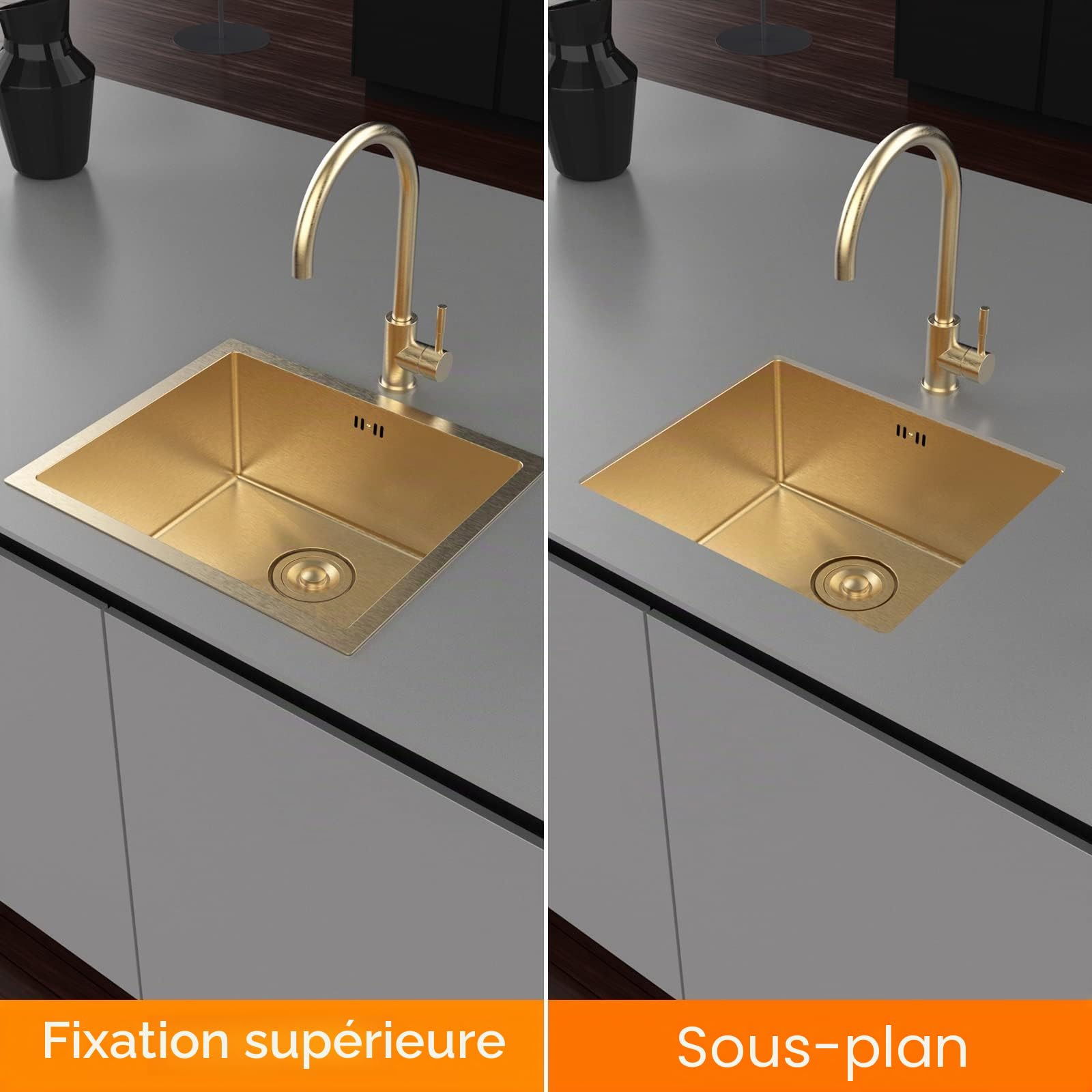 Ibergrif M85043G Évier de Cuisine 1 Bac en Acier Inoxydable 50x43 cm, Montage Encastré ou Supérieur, Avec Filtre de Vidange, Or