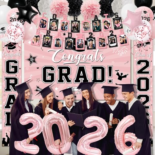 Image of 2026 Graduation Decorations, Pink Themed Class of 2026 Decorations Set, Congrats Grad Backdrop, Photo Banner, Door Banner, Balloons and Pom Poms Supplies for High School College Graduation Party