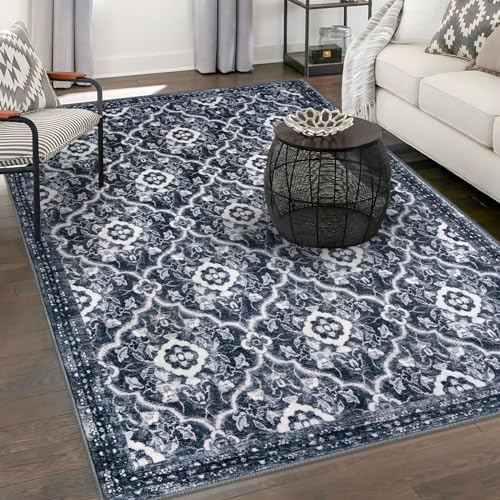 KILOCOCO 5x7 Area Rug, Moroccan Super Soft Washable Living Room Vintage Rug, Non-Slip Large Print Faux Wool Throw Indoor Rug for Entryway Bedroom Office Carpet, Black/Navy Blue White