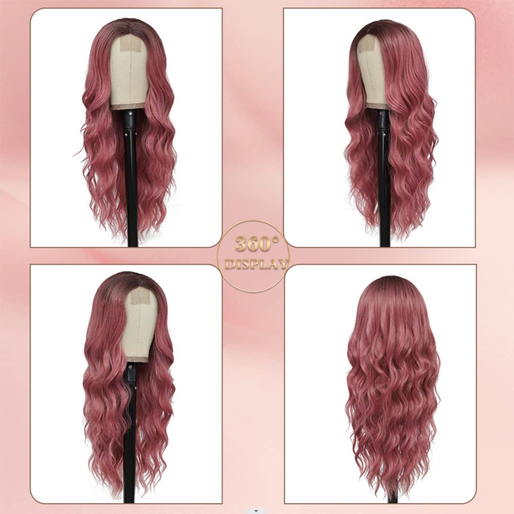 Long Wavy Pink Wig for Women 26 inch Curly Middle Part Ombre Hair Wig Natural Looking Upgraded Synthetic Protein Fiber Natural Looking Wig Cosplay Costume Wig(26'' Ombre Pink)