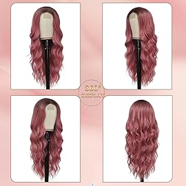 HMHIFI Long Wavy Pink Wig for Women 26 inch Curly Middle Part Ombre Hair Wig Natural Looking Upgraded Synthetic Protein Fiber Natural Looking Wig Cosplay Costume Wig(26\'\' Ombre Pink)