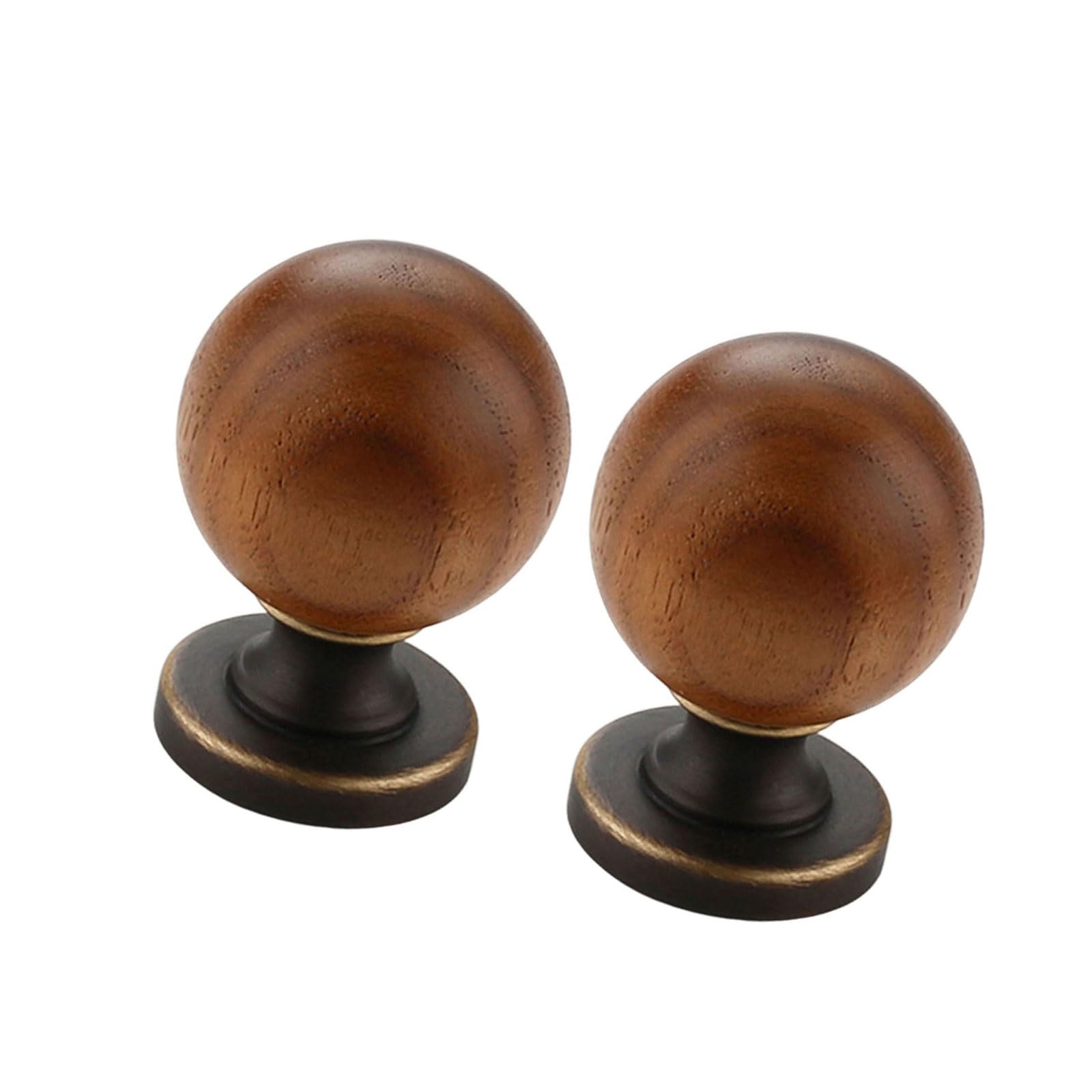 Newft Coffee Copper 2Pcs Classical Wood & Brass Cabinet Pull Round Knob Round Drawer Knob Vintage Styles Set For Drawers & Furniture Vintage Styles