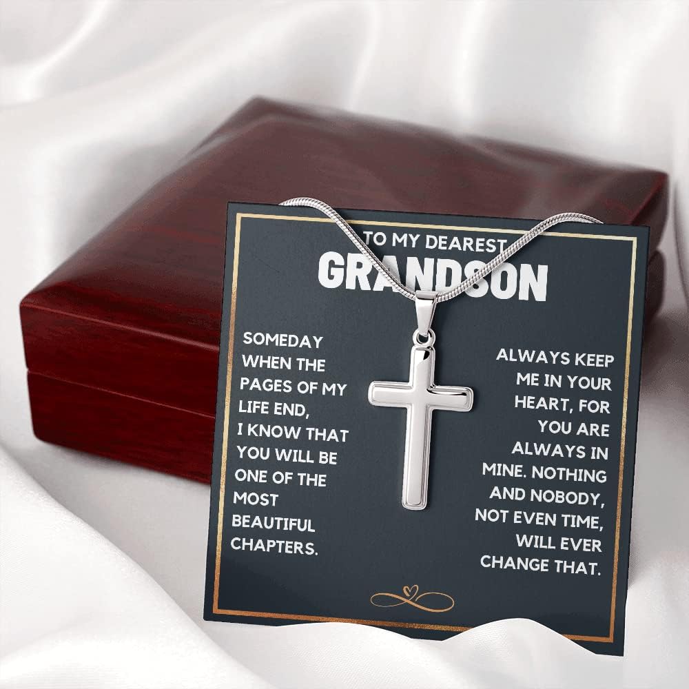 To My Grandson Necklace from Grandma | Cross Necklace with Message Card & Gift Box | Birthday, Graduation, Christmas, Easter Gifts for Grandson from Grandparents | Premium Stainless Steel