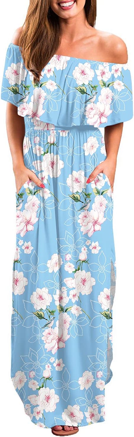 LILBETTER Womens Off The Shoulder Ruffle Party Dresses Side Split Beach Maxi Dress - Image 2