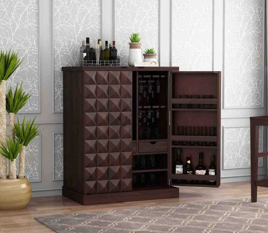 Image of Solid Sheesham Wood Bar Unit Cabinet with Storage Bottle Shelves & Built-in Glass Holder Pyramid Drink Wine Rack Organizer for Living Room, Home & Lounge Dining Cupboard Liquor Furniture