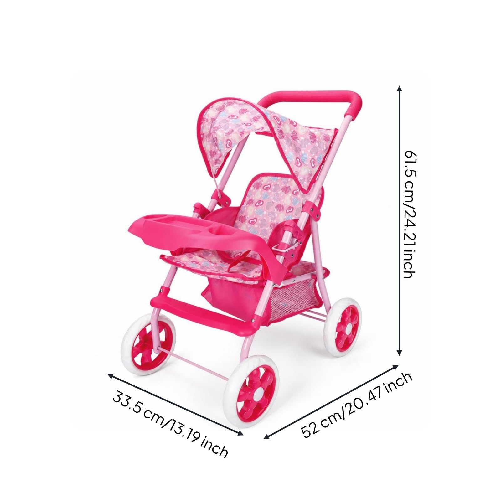 Cochecito de Juguete para Muñecas con, Cochecito De Hierro Engrosado con Bandeja De Comida, Asiento De Altura Ajustable, Estampado De Corazones