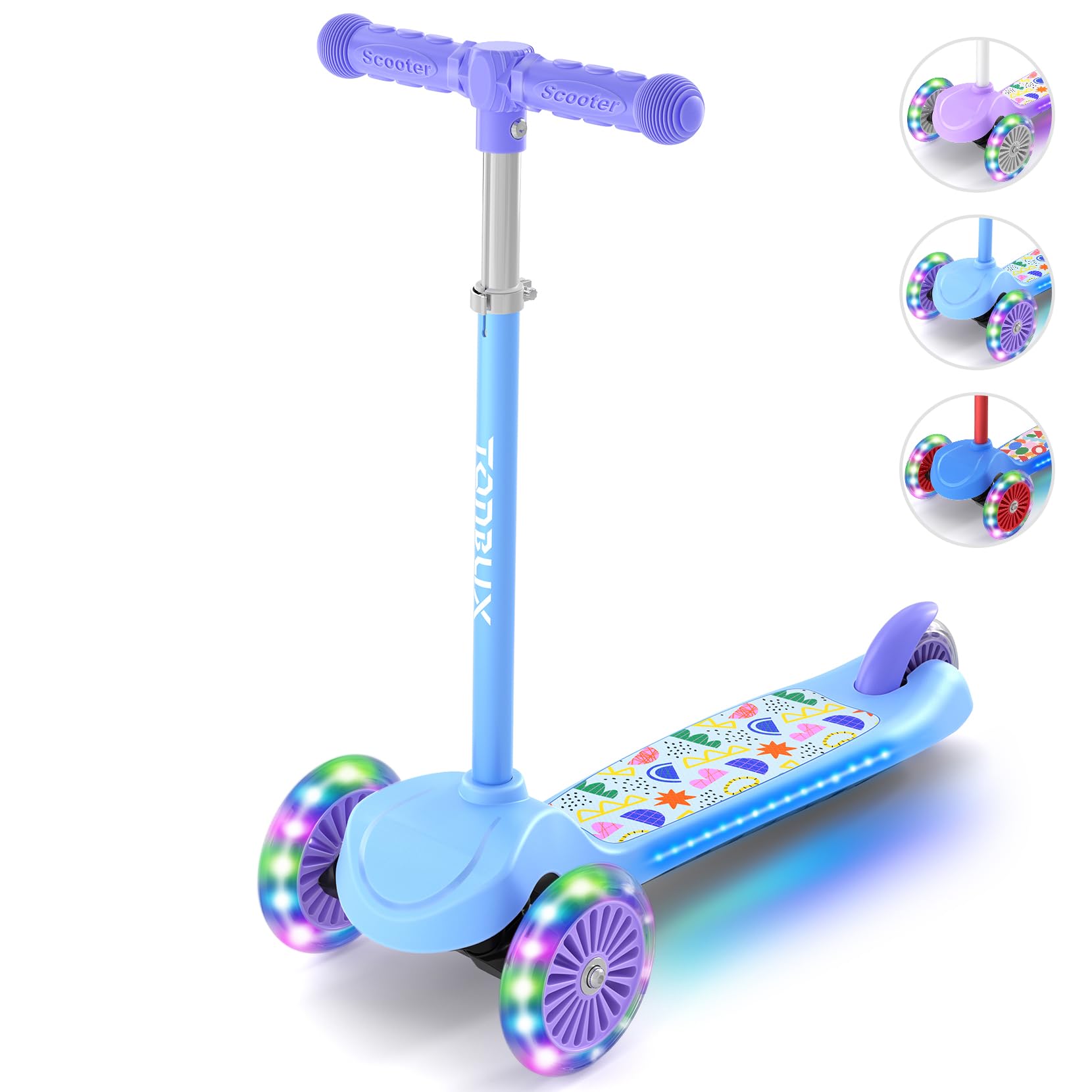TONBUX Kids Scooter 3 Wheel Scooter for Ages 2-6 with Light-Up Wheels, Adjustable Handlebar, Tilt to Turn Steering, Up to 50KG