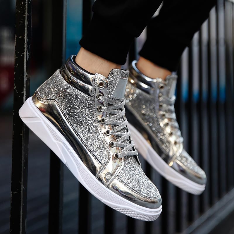 Glod Shoes for Men Fashion High Top Casual Sequin Sparkly Sneakers Men's Bling Shiny - Image 3