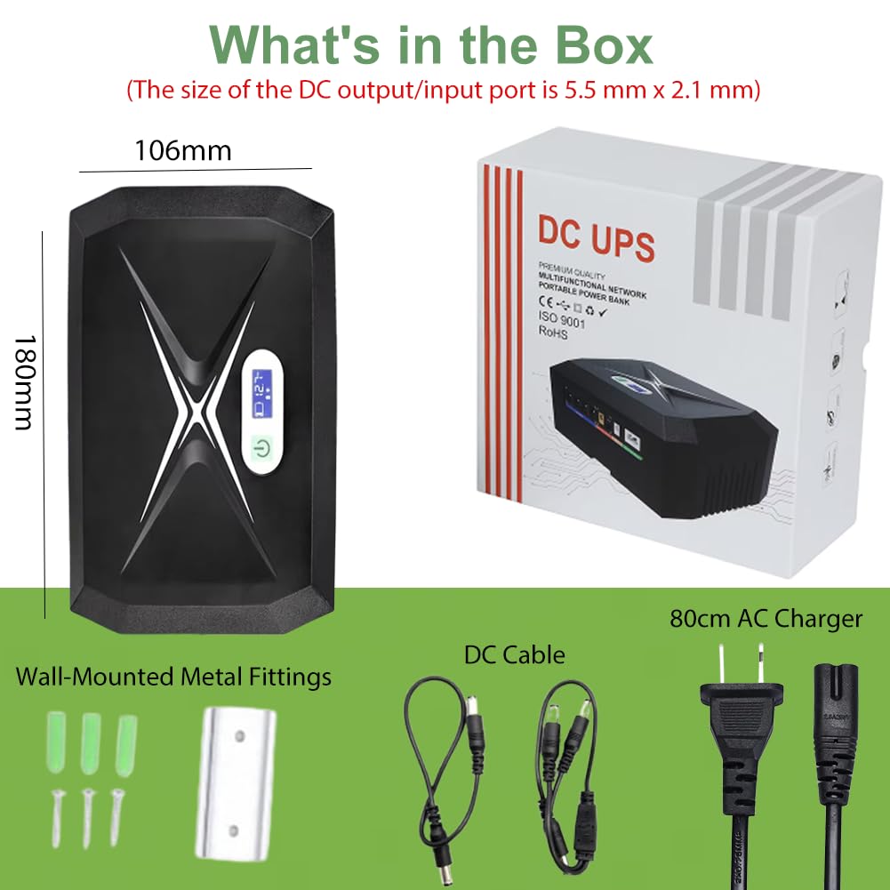 Mini UPS per Router Wifi,24000mAh Mini UPS Batteria di Backup con POE 1Gbps,4Porti DC 12V/3A, 1Port 5V/9V/12V-2A, 1Port USB 5V/2A Protezione Antisurge Ricaricabile Integrata (60W)