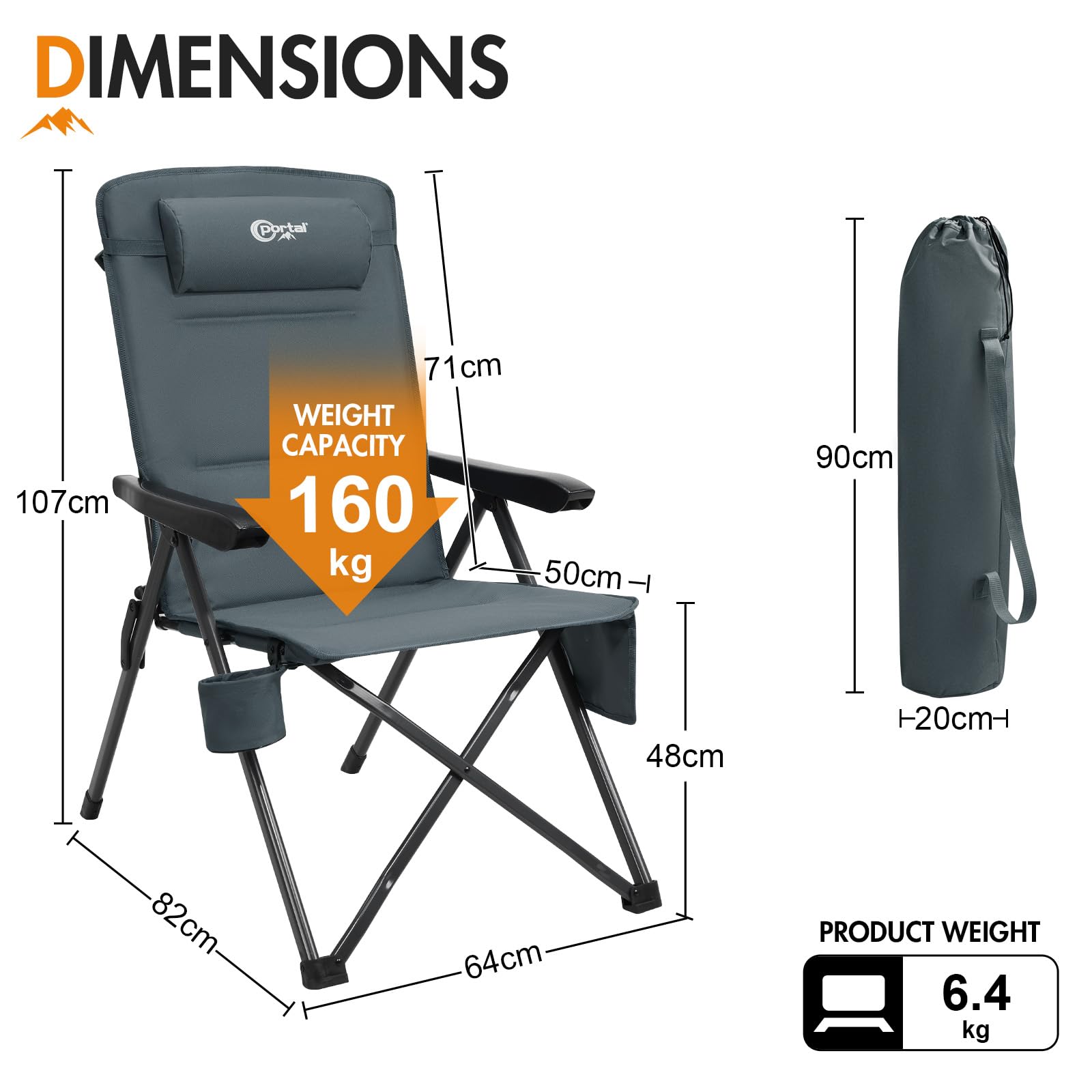 Portal Chaise Pliante Camping – Fauteuil de Jardin Portable Inclinable 160kg, Dossier Haut Réglable 3 Positions – Transat Confortable pour Plage, Terrasse, Balcon, Extérieur