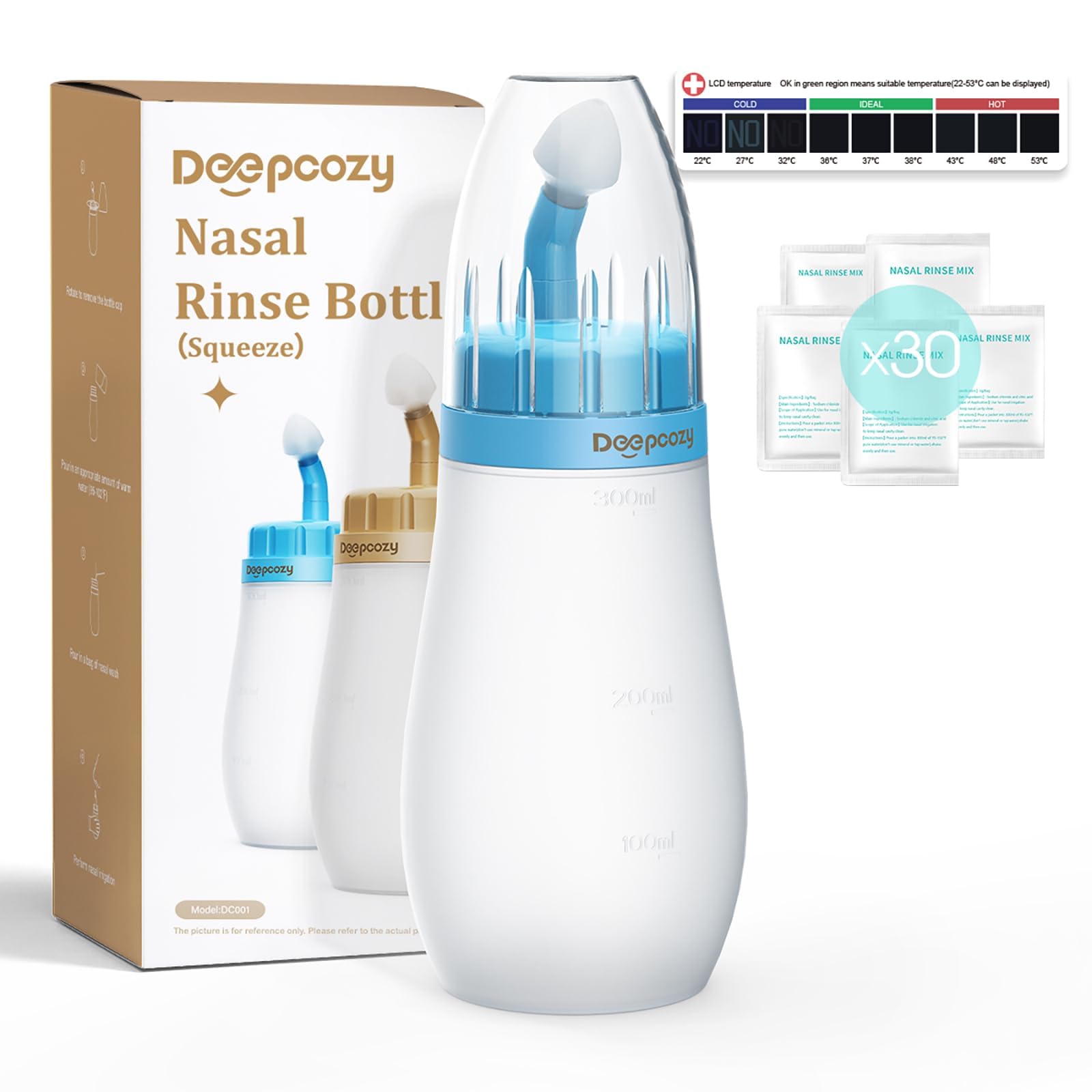 DeepCozy Neti Pot Sinus Rinse Kit, Soft Tip Silicone Netting Pot for Sinus Squeeze Bottle, Nose Wash Cleaner Pressure Rinse for Adult & Kid 300ml/10oz