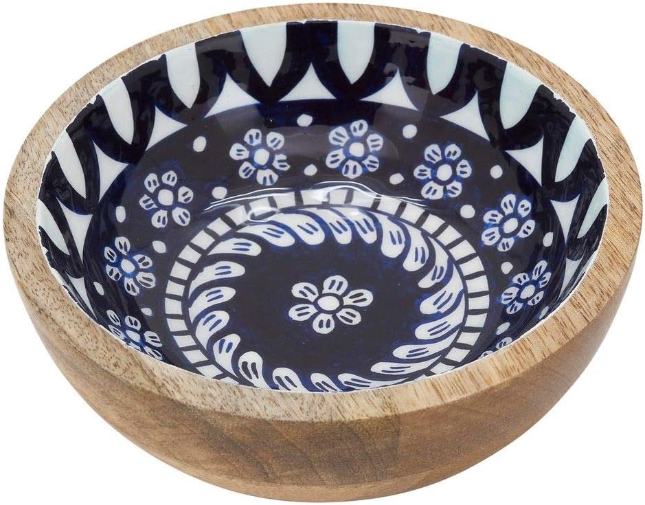 Fennco Styles 7" Round Mango Wood Serving Bowl with Blue Floral Enamel Design for Fruits, Salads, Sides, Home, Kitchen Décor and Holiday Gatherings