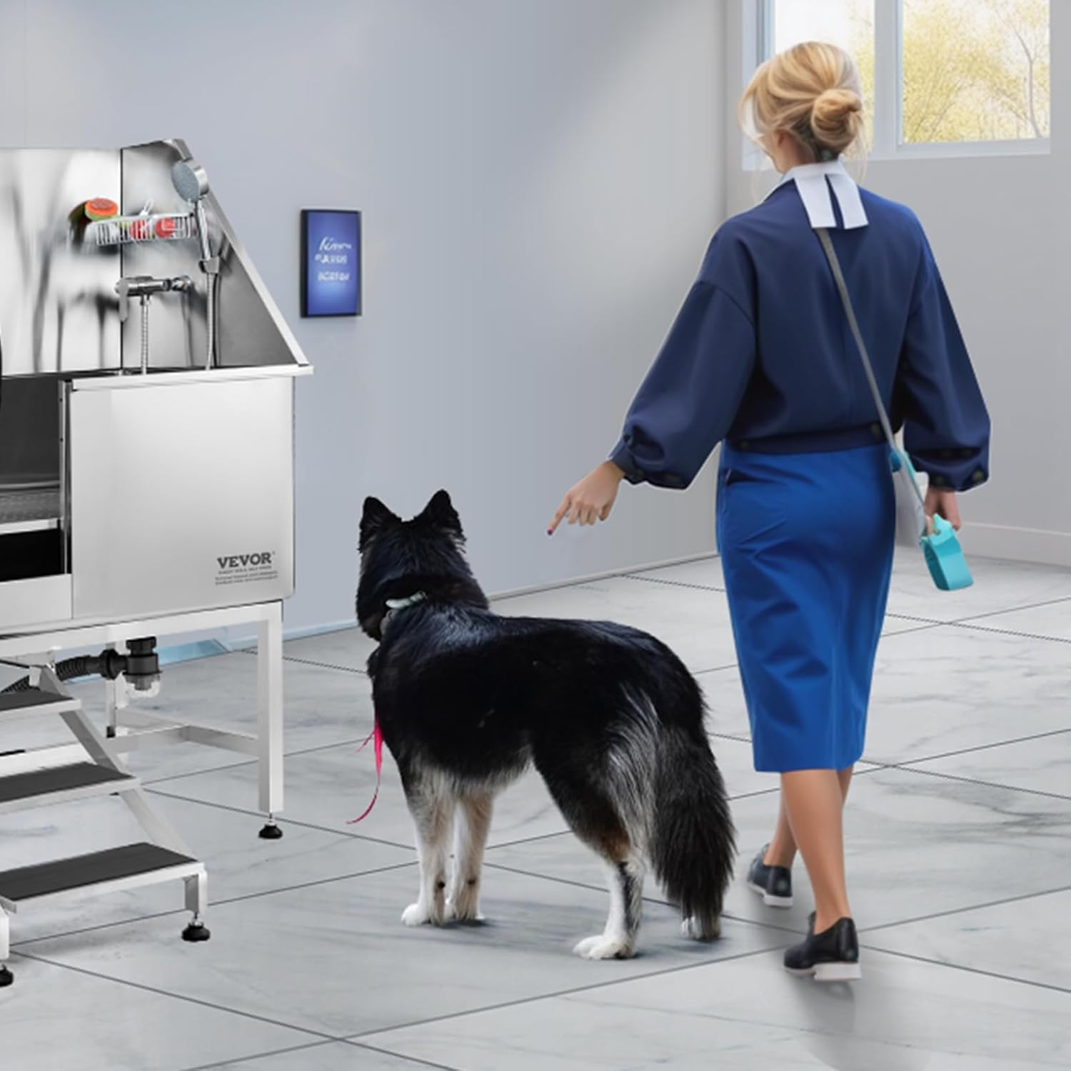 VEVOR 38" Pet Dog Bathing Station w/Ramp, Professional Stainless Steel Dog Grooming Tub w/Storage Drawer, Floor Grate, Faucet, Dog Bathtub for Large,Medium,Small Pets, Washing Sink for Home(Left)