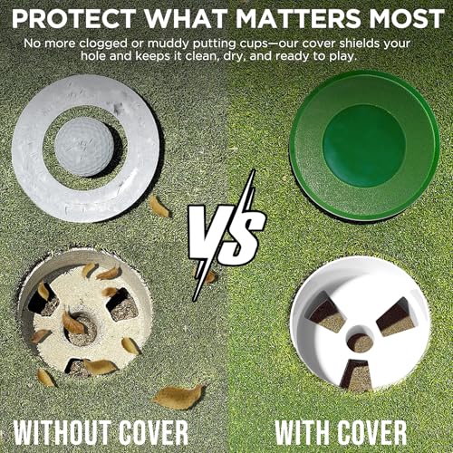 Image of KINGTOP Golf Hole Cup Covers for Standard 4.25 in Cups | Standard 4.25 in fit, grass-green surface, debris protection, rain blocking, backyard putting greens, practice holes