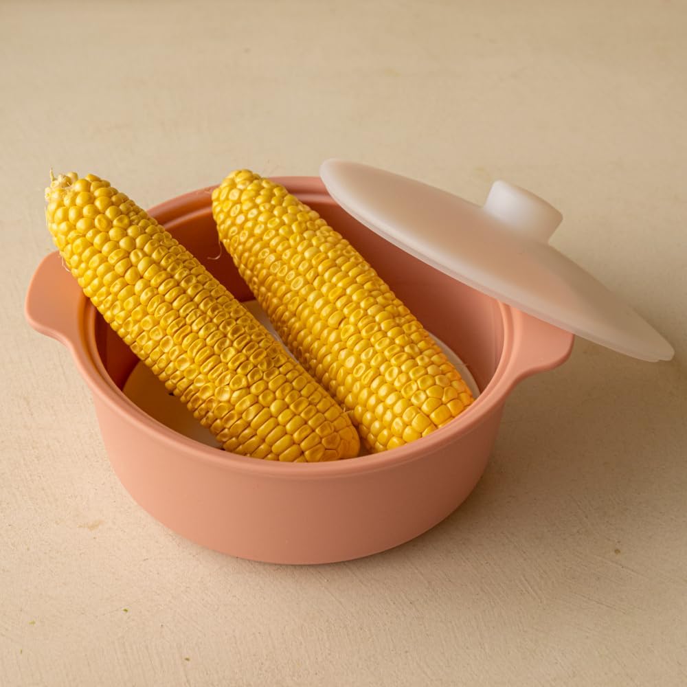 Microwave Silicone Steamer for Baby Food, Made In Korea, Oven & Dishwasher Safe to 482°F, Easy Clean, Microwave Pot with Handle & Lid, 100% Food Grade Steamer Bowl (Terracotta Rose, 50.7oz (1500ml))