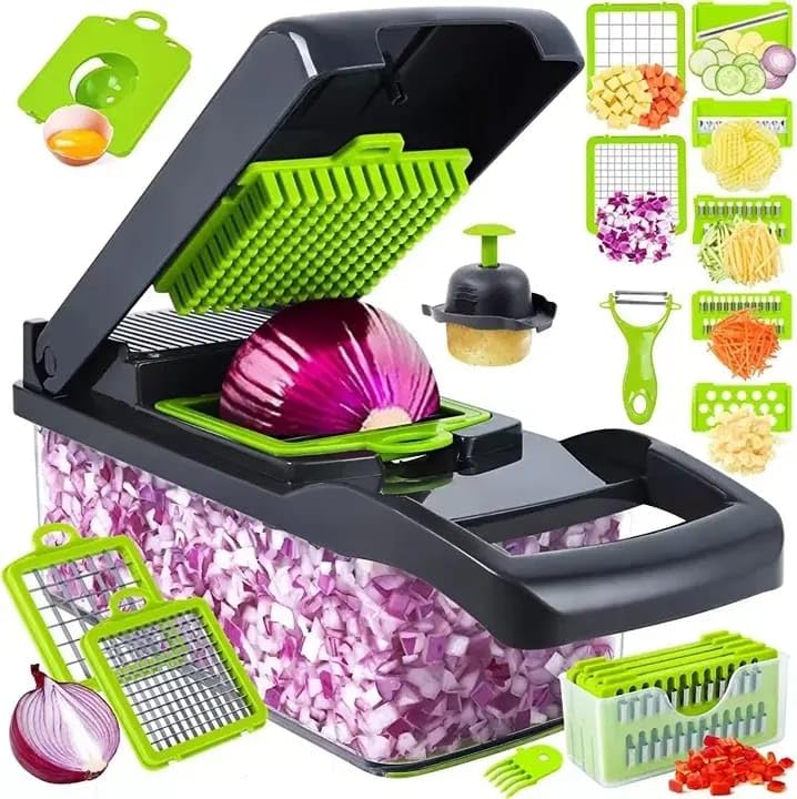 Vegetable Chopper, Pro Onion Chopper, 14 in 1Multifunctional Food Chopper, Kitchen Vegetable Slicer Dicer Cutter,Veggie Chopper With 8 Blades,Carrot Chopper With Container (Grey)
