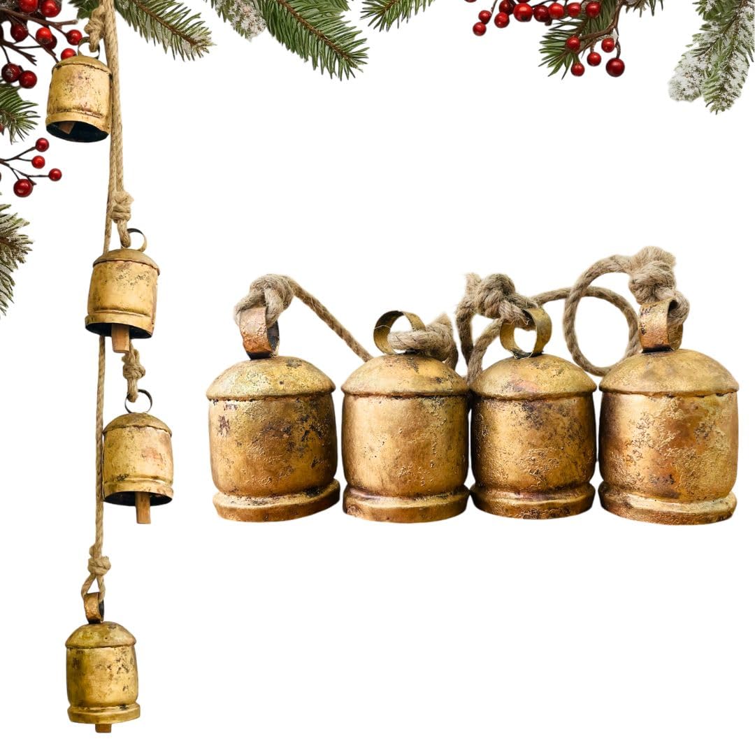 Mie Creation Set of 4 Rustic Vintage Cow Bells Cluster on Jute Rope, Christmas Tree Decorations, Handmade Metal Harmony Cowbells, Shabby Chic Wall Hanging, Holidays Wreath decor - Antique Gold 34 inch