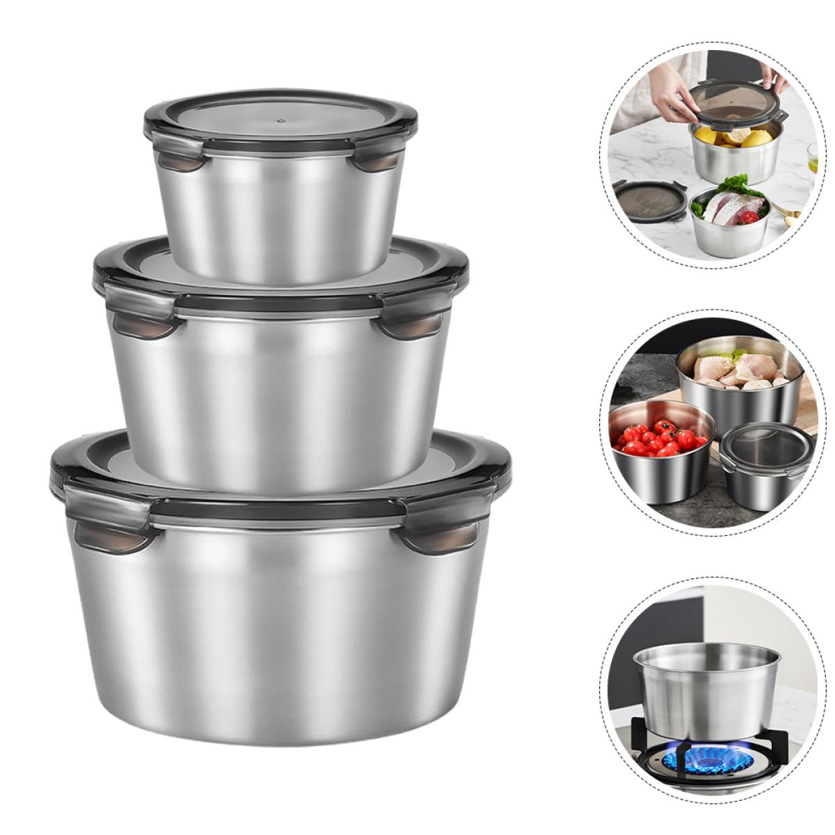 jojofuny Recipientes de Acero Inoxidable con Tapa, 3 Piezas 600-2200 Ml | Plata, 304 Acero y Pp, para Café y Té Floral, Fácil de Limpiar, sin Rebabas, Uso Prolongado