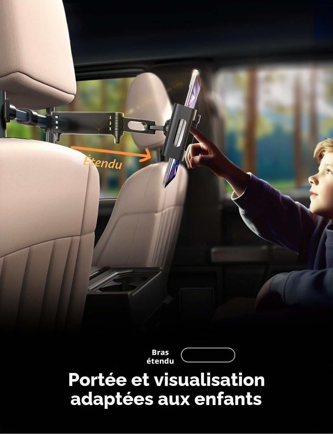 LISEN Support de tablette pour iPad, appuie-tête de voiture, stable, extensible, rotatif à 360°, organiseur de voyage pour iPad Air Pro/Kindle/Switch 4,7-11,9", noir foncé