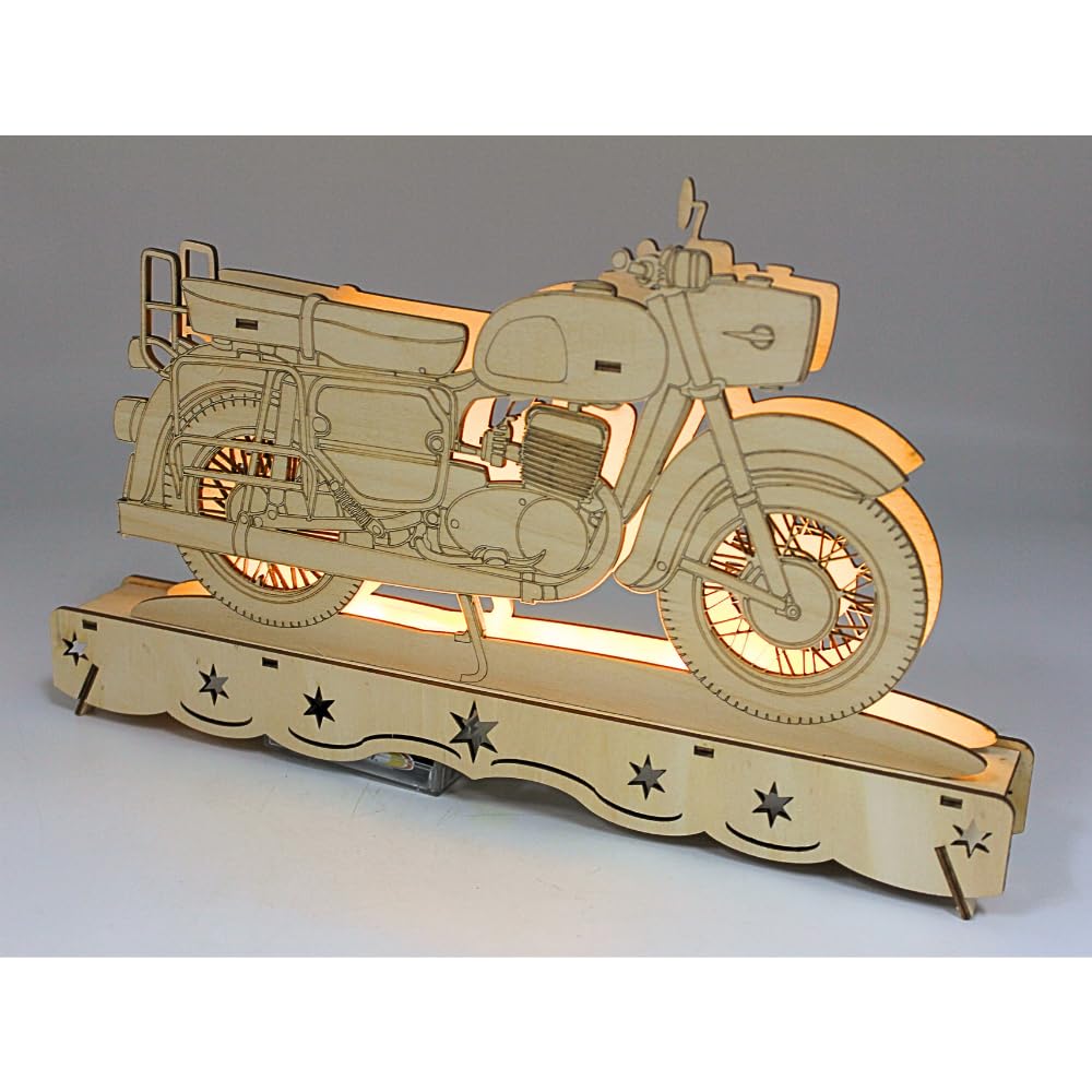 Ostalgie Moped Schwippbogen, DDR - Motorrad Schwibbogen, Lichterbogen Ostalgie, Schwibbogen DDR-Fahrzeug, aus Holz mit LED-Beleuchtung – Batteriebetrieben (2x AA), Made in EU, L/B/H 35 x 4 x 21 cm.