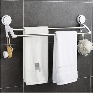 Bathroom Towel Rack Towel Bar Stainless Steel Towel Rack Bathroom Suction Cup with Two Hooks Simple Kitchen Toilet Double Pole No Drilling Towel Bar Towel Holder Towel Rail (Color : A, Size : 88cm)