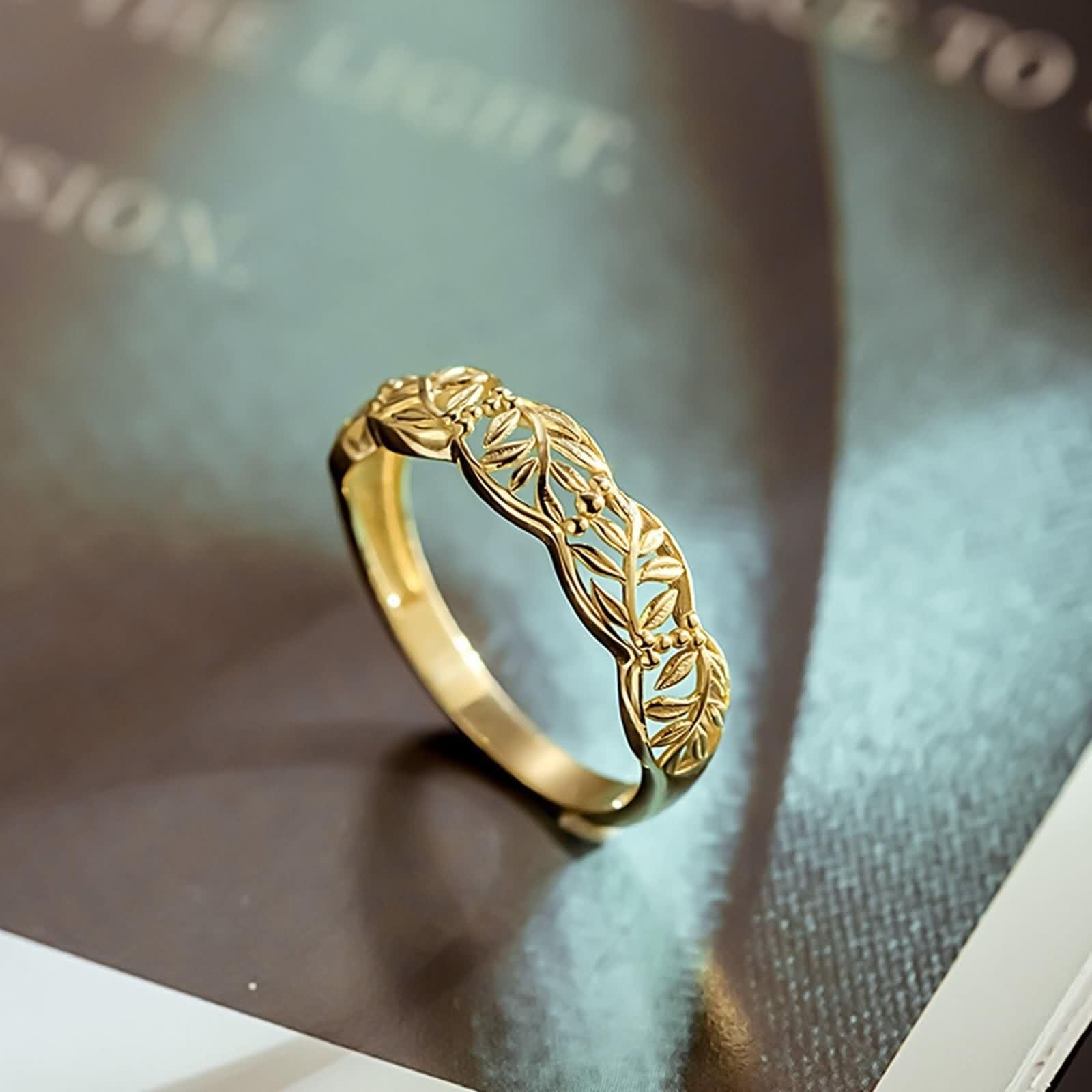 Wycian Anillo Dorado Anillo Oro 14K Hoja Hueca Tamaño 8 Moda Para Lesbian Aniversario Joyas Actualización 3.0