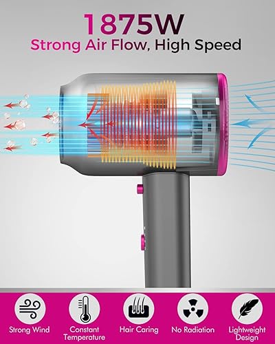 Miniatura 2 de ANIEKIN Secador de pelo, secador iónico de 1875 W con difusor, secador de pelo portátil profesional y accesorios para mujeres cabello rizado, gris