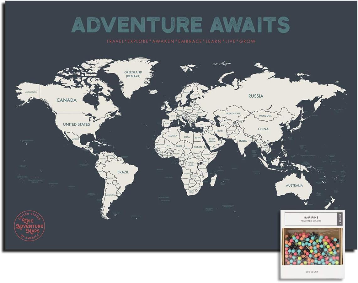 Epic Adventure Maps Push Pin World Map Poster 24" x 17" - World Travel Map Marks Your Adventures Around The World - Multicolored Pushpins Included - Travelers Gift - Traveler Wall Decor