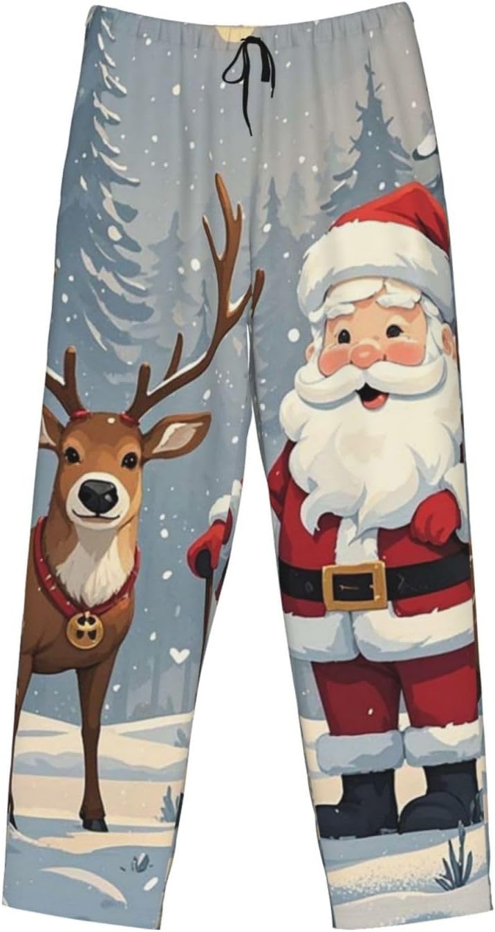 Mens Pajama Pants Soft PJ Bottoms Santa Claus and Deer Elk Sleep Pant Pajama Bottom with Pockets Lounge Pant